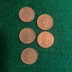Vintage Lot of 5: Indian Head Pennies 🌟 Years: 1892, 1901 (3) and 1907
